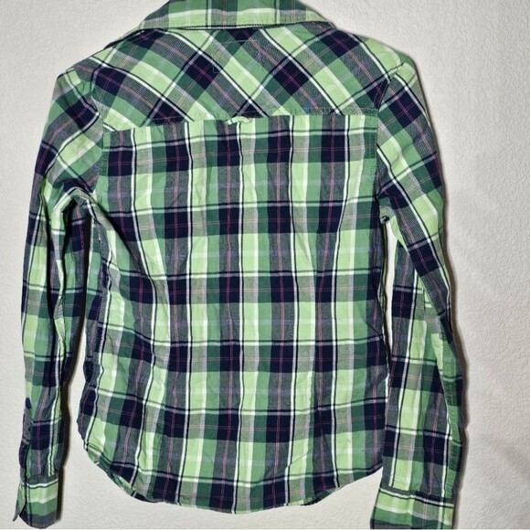 Aèropostale Women's Shirt Medium Green & Blue Plaid Long Sleeve Button Down Top - Picture 4 of 4